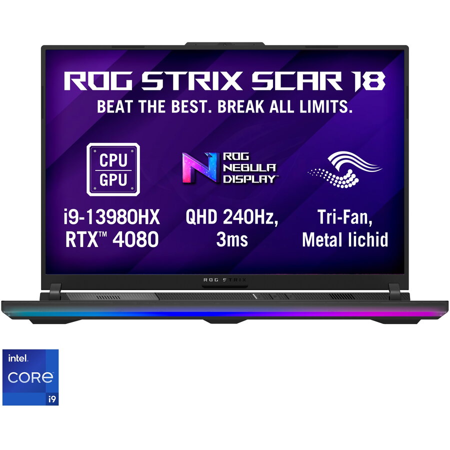 Laptop Gaming ASUS ROG Strix SCAR 18 G834JZ cu procesor Intel® Core™ i9-13980HX pana la 5.60 GHz, 18, QHD+, IPS, 240Hz, 64GB, 1TB + 1TB SSD RAID 0, NVIDIA® GeForce RTX™ 4080 12GB GDDR6, No OS, Black