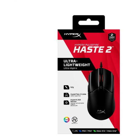 Mouse gaming cu fir HyperX Pulsefire Haste 2, 26000 DPI, ultrausor (53g), 6 butoane, 650IPS, 50G, software NGENUITY, cablu HyperFlex 2, negru