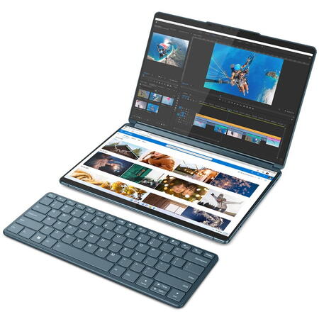 Laptop ultraportabil Lenovo Yoga Book 9 13IRU8 cu procesor Intel® Core™ i7-1355U pana la 5.0 GHz, 2 x 13.3", 2.8K, OLED, Touch, 16GB, 1TB SSD, Intel® Iris® Xe Graphics, Windows 11 Home, Tidal Teal, 3y on-site, Premium Care