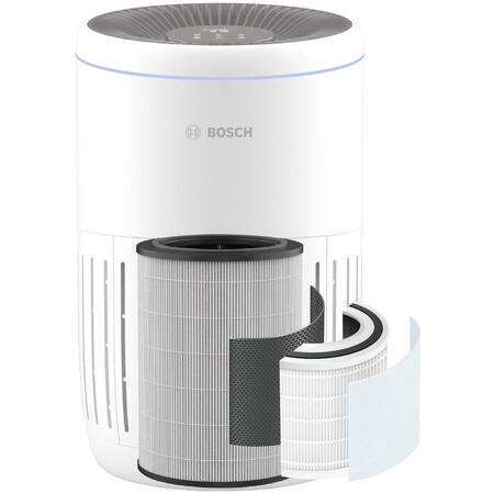 Purificator de aer Bosch Air 2000, CADR 180m3/h, Prefiltru, filtru HEPA H13, filtru carbon activ, senzor de praf, timer, alb