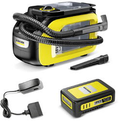 Aspirator cu spalare Karcher SE 3-18 Compact Batteryset, 1.081-502.0, baterie de 18 V inclusa, rezervor apa curata /reciclata 1,9 / 1,2, furtun 2 in 1 si functie de spalare, Galben/Negru