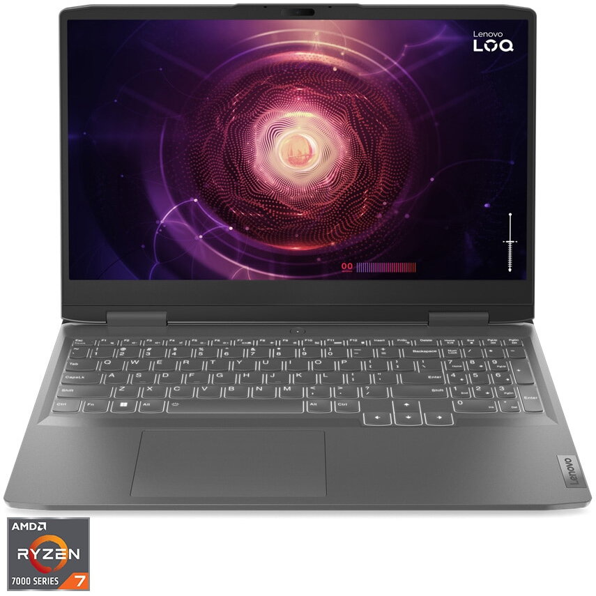 Laptop Gaming Lenovo LOQ 15APH8 cu procesor AMD Ryzen™ 7 7840HS pana la 5.1 GHz, 15.6, Full HD, IPS, 144Hz, G-SYNC, 16GB, 512GB SSD, NVIDIA GeForce RTX 4050 6GB GDDR6, No OS, Storm Grey