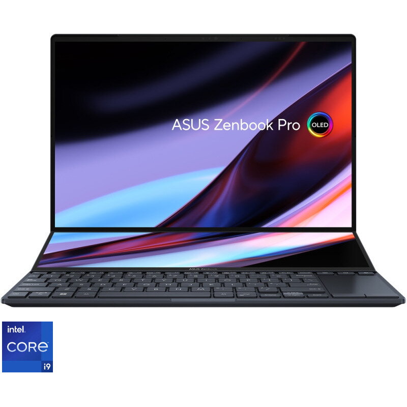 Laptop ASUS Zenbook Pro 14 Duo UX8402VV cu procesor Intel® Core™ i9-13900H pana la 5.40 GHz, 14.5, 3K, OLED, Touch, 32GB, 2TB SSD, NVIDIA® GeForce® RTX™ 4060 8GB GDDR6, Windows 11 Pro, Tech Black