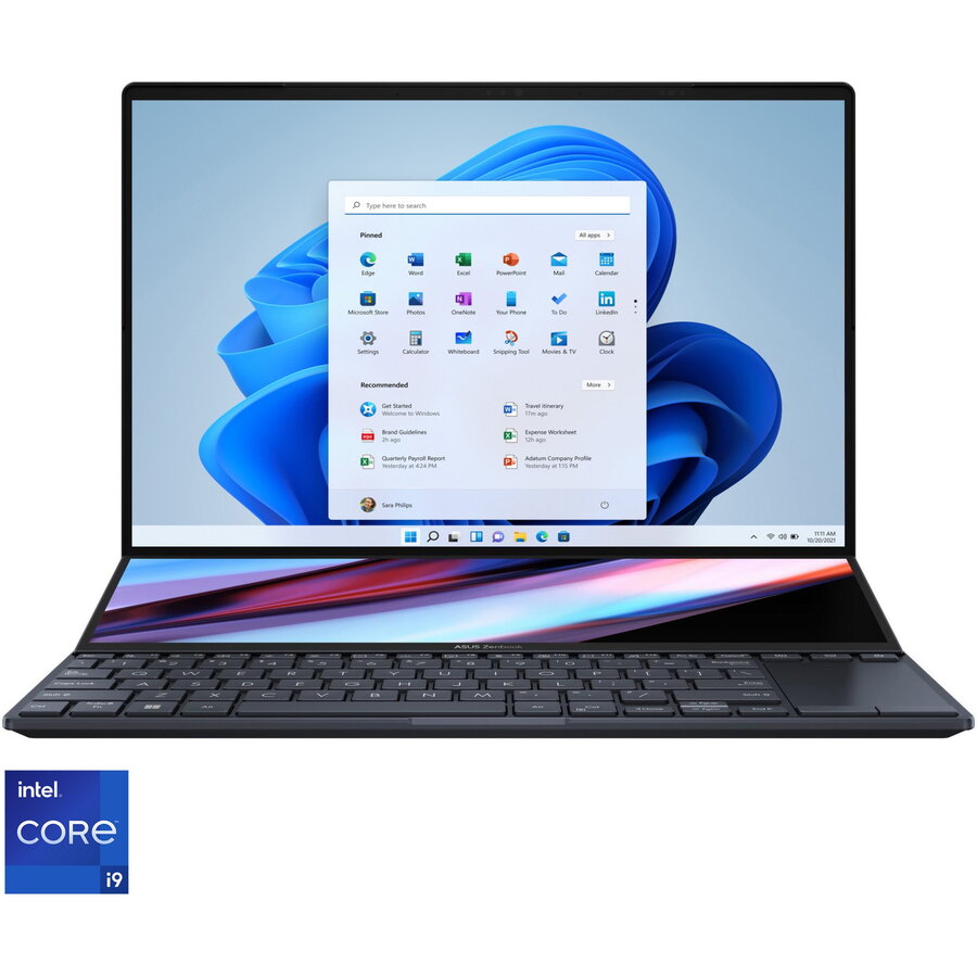Laptop ASUS Zenbook Pro 14 Duo UX8402VV cu procesor Intel® Core™ i9-13900H pana la 5.40 GHz, 14.5, 3K, OLED, Touch, 32GB, 1TB SSD, NVIDIA® GeForce® RTX™ 4060 8GB, Windows 11 Pro, Tech Black