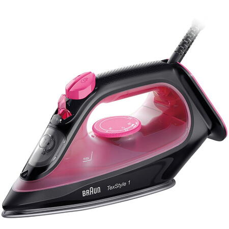 Fier de calcat Braun TexStyle 1 SI1070PU, 2000 W, abur variabil 25g/min, jet de abur 130g/min, rezervor 220 ml, talpa ceramica, sistem antipicurare, Negru/Violet