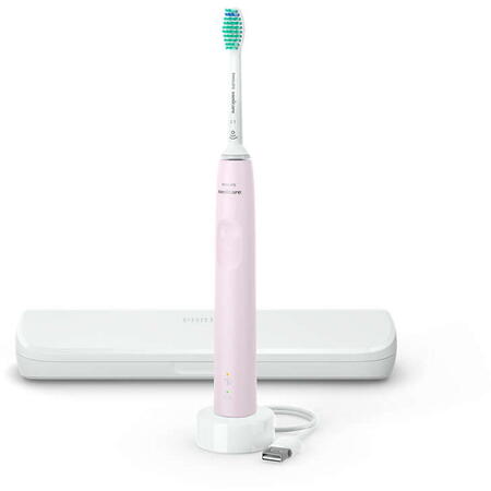 Periuta de dinti sonica electrica Philips Sonicare Seria 3100 HX3673/11, 31000 miscari/minut, 1 mod de curatare, senzor presiune, functia BrushSync, 1 cap de periere, toc de transport, Roz