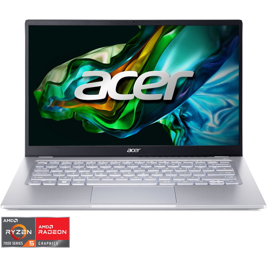 Laptop ultraportabil Acer Swift Go SFG14-41-R3HW cu procesor AMD Ryzen™ 5 7530U pana la 4.50 GHz, 14, Full HD, IPS, 16GB, 512GB SSD, AMD Radeon™ Graphics, No OS, Pure Silver