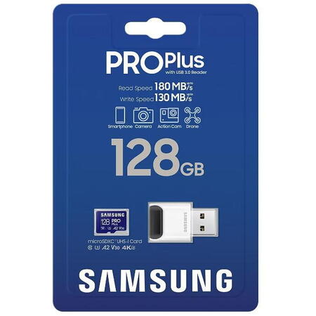Card de memorie Samsung microSD, PRO Plus, 128GB, cu cititor de carduri