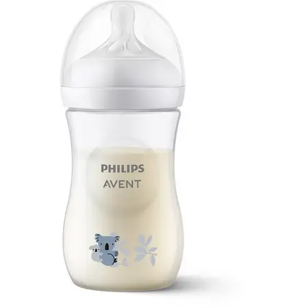 Biberon Philips Avent Natural Response SCY903/67, 260 ml, tetina care functioneaza ca sanul mamei, cu debit 3, tetina fara scurgeri, +1 luni, model deco ursi koala, fara BPA, usor de curatat