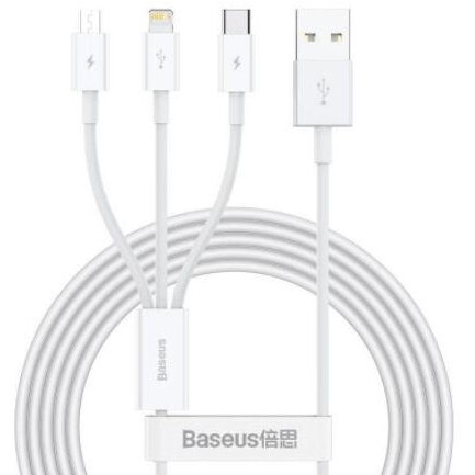 Cablu alimentare si date Superior Series, pt. smartphone, USB la Micro-USB + Lightning Iphone + USB Type-C 3.5A, 1.5m, alb