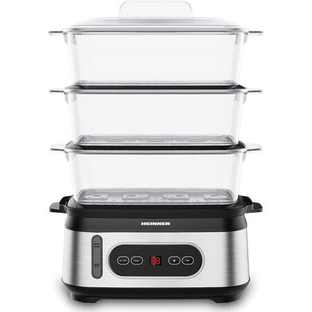 Aparat de gatit cu aburi Heinner HSA-D950SS, 800-950W, display LED, 9L, BPA free, temporizator 60 min, indicator luminos, protectie impotriva functionarii fara apa, insertii inox, negru/argintiu