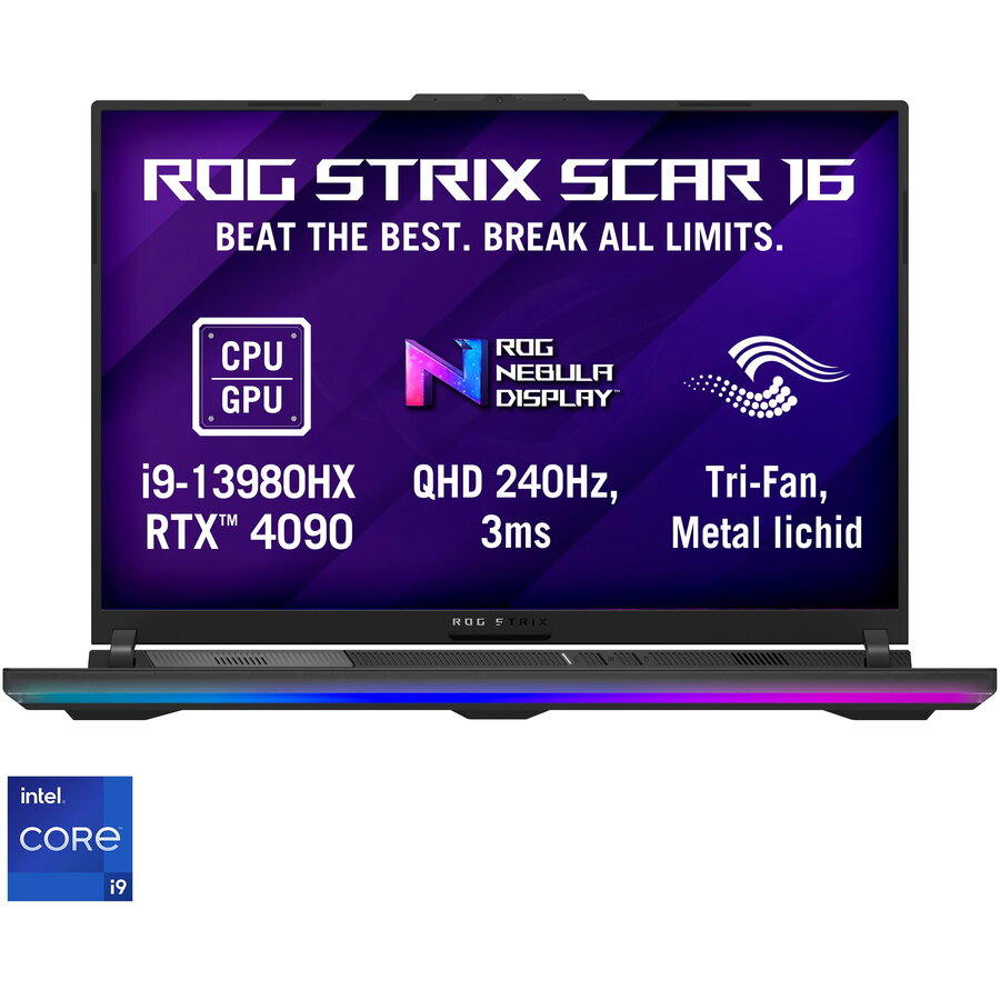 Laptop Gaming ASUS ROG Strix SCAR 16 G634JY cu procesor Intel® Core™ i9-13980HX pana la 5.60 GHz, 16, QHD+, Mini LED, 240Hz, 32GB, 1TB SSD, NVIDIA® GeForce RTX™ 4090 16GB GDDR6, Windows 11 Pro, Off Black