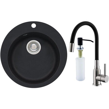 Pachet chiuveta bucatarie algranit Alveus Victoria 10 G 91, fi 505mm, sifon inclus +  Baterie Flexa, Negru + Dozator, Negru