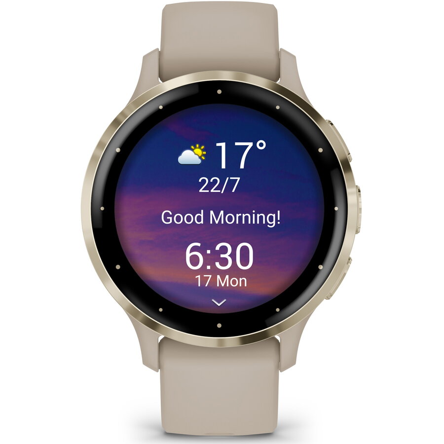 Smartwatch Garmin Venu 3S, GPS, Wi-Fi, curea silicon, French Gray/Soft Gold