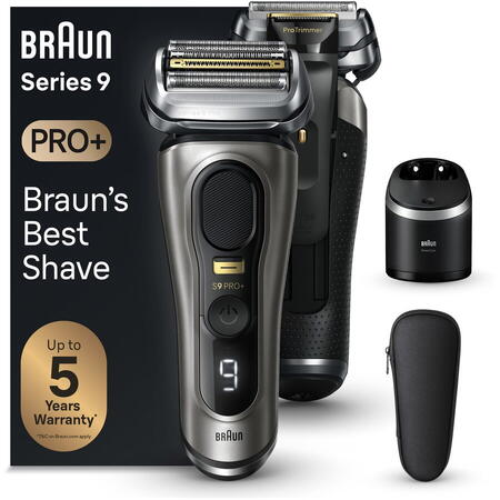 Aparat de ras electric Braun Series 9 PRO+ 9565cc, ProLift Trimmer, SensoFlex, AutoSense, Sonic Technology, 40.000 de actiuni de taiere, 5 elemente de taiere, Statie Smart Care 6-in-1, Trusa de voiaj, Grafit