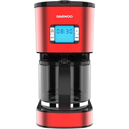 Cafetiera Daewoo DCM1000R, 1000 W, 1.5 l, Filtru permanent, Timer 24 ore, Indicator nivel apa, Design ergonomic, Rosu/Negru