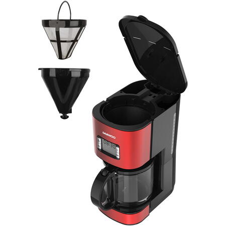 Cafetiera Daewoo DCM1000R, 1000 W, 1.5 l, Filtru permanent, Timer 24 ore, Indicator nivel apa, Design ergonomic, Rosu/Negru