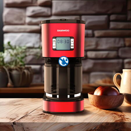 Cafetiera Daewoo DCM1000R, 1000 W, 1.5 l, Filtru permanent, Timer 24 ore, Indicator nivel apa, Design ergonomic, Rosu/Negru