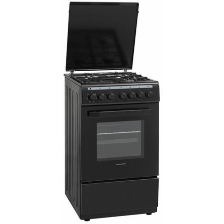 Aragaz Mixt Heinner HFSC-V60LITGC-BK, 50x60cm, 4 arzatoare, Aprindere electrica plita, Cuptor electric, 6 functii, Culoare: Negru