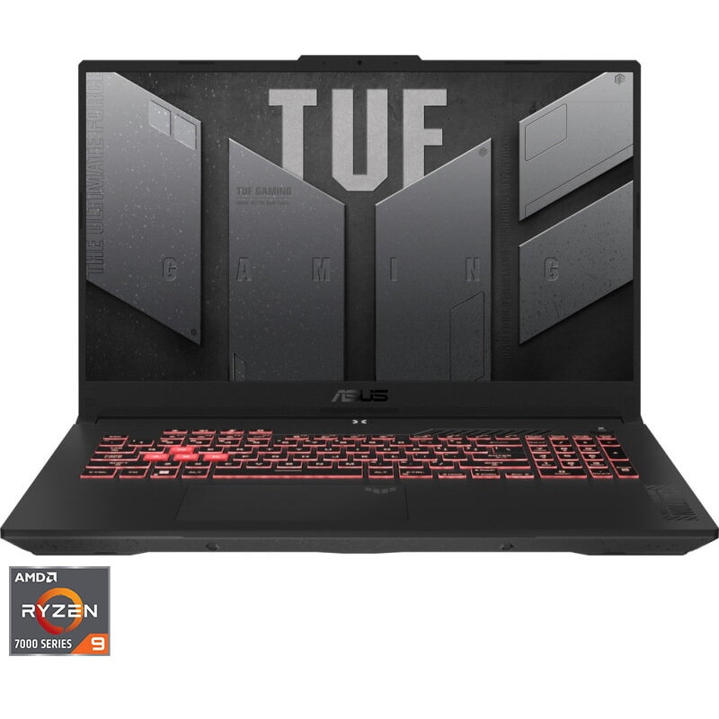Laptop Gaming ASUS TUF A17 FA707XV cu procesor AMD Ryzen™ 9 7940HS pana la 5.20 GHz, 17.3, WQHD, IPS, 240Hz, 16GB, 512GB SSD, NVIDIA® GeForce RTX™ 4060 8GB GDDR6, No OS, Jaeger Gray