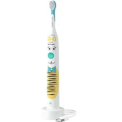 Periuta electrica sonica Philips Sonicare Kids HX3601/01, 2 intensitati, conectivitate la aplicatie, 1 capat de periere, aplicatie de consiliere, stickere, Alb/Bleu