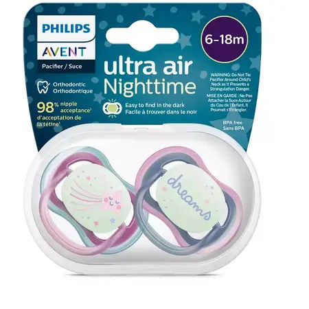 Suzeta Philips AVENT Ultra Air NightTime SCF376/14, 6-18 luni, 2 buc, multicolor