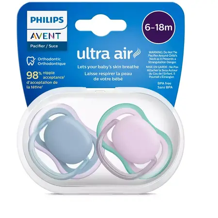 Set 2 suzete Philips-Avent SCF085/34, ultra air pacifier 6-18 luni, Ortodontice, fara BPA, Mov/Albastru