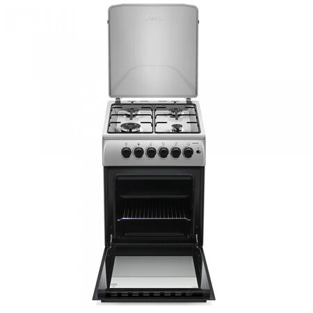 Aragaz Samus SM561XPBS, 4 Arzatoare gaz, Cuptor gaz, Aprindere electrica plita, Timer, Sigurante plita si cuptor, Inox/ Argintiu