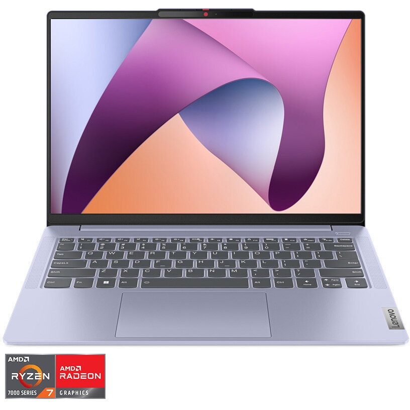 Laptop Lenovo IdeaPad Slim 5 14ABR8 cu procesor AMD Ryzen™ 7 7730U pana la 4.50 GHz, 14, WUXGA, OLED, 16GB, 1TB SSD, AMD Radeon™ Graphics, No OS, Violet