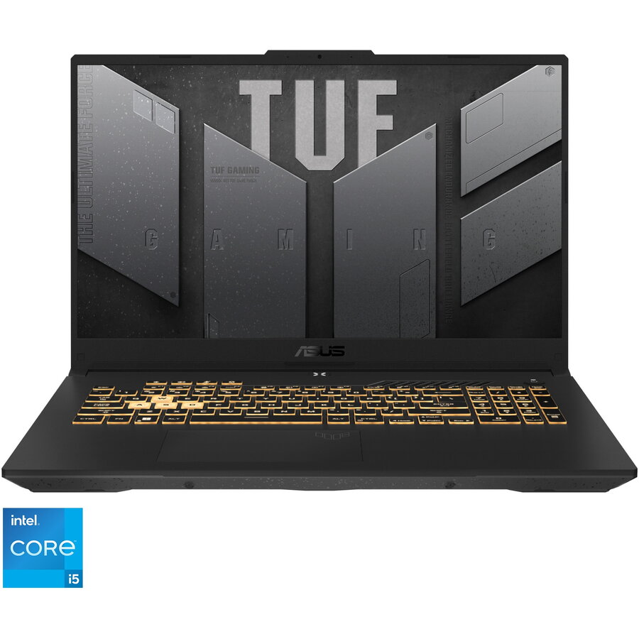 Laptop Gaming ASUS TUF F17 FX707ZC4 cu procesor Intel® Core™ i5-12500H pana la 4.50 GHz, 17.3, Full HD, IPS, 144Hz, 16GB, 512GB SSD, NVIDIA® GeForce RTX™ 3050 4GB GDDR6, No OS, Mecha Gray