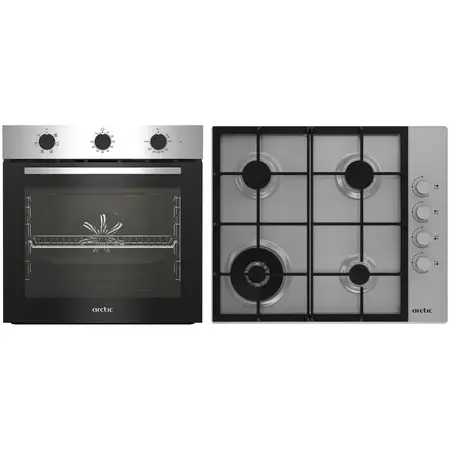 Pachet Cuptor incorporabil Arctic ARSE11130XD, 71 l, Electric, 6 functii, AquaDropClean, Grill, Timer, Clasa A + Plita incorporabila, Gaz, 4 Arzatoare, Aprindere electrica, Wok, 60 cm, Inox
