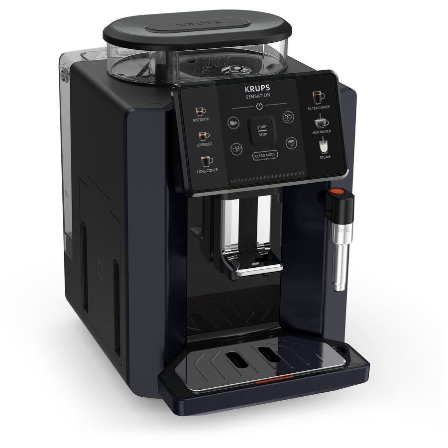 Espressor automat KRUPS Sensation EA910B10, 5 retete,ecran tactil, presiune 15 bari, capacitate rezervor cafea 260g, duza de abur, 1450 W, Sistem Thermoblock Compact, negru & violet