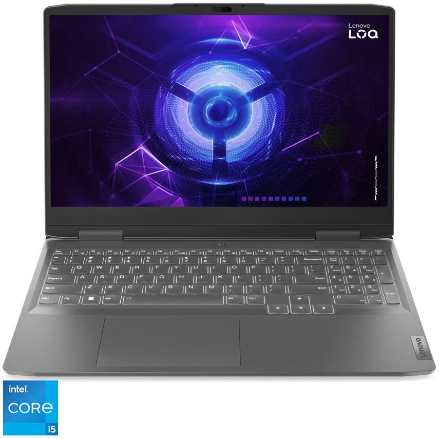 Laptop Gaming Lenovo LOQ 15IRH8 cu procesor Intel® Core™ i5-12450H pana la 4.4 GHz, 15.6, Full HD, IPS, 8GB, 512GB SSD, NVIDIA® GeForce RTX™ 2050 4GB GDDR6, No OS, Storm Grey