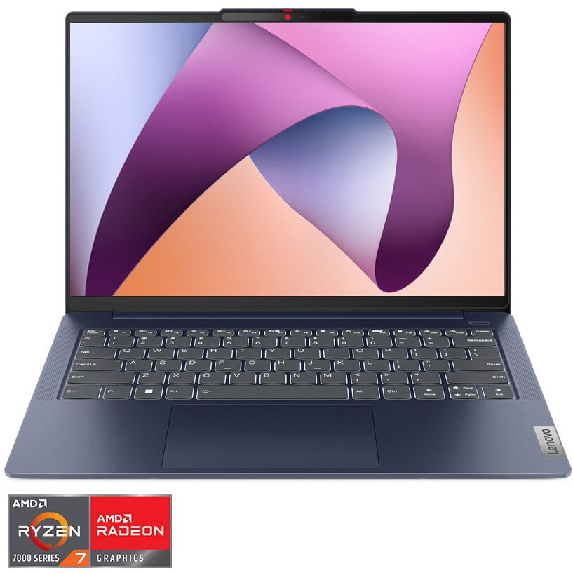 Laptop Lenovo IdeaPad Slim 5 14ABR8 cu procesor AMD Ryzen™ 7 7730U pana la 4.5 GHz, 14, WUXGA, OLED, 16GB, 1TB SSD, AMD Radeon™ Graphics, No OS, Abyss Blue