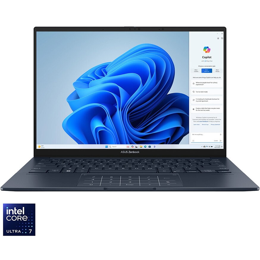 Laptop ASUS Zenbook Pro 14 OLED UX3405MA cu procesor Intel® Core™ Ultra 7 155H pana la 4.80 GHz, 14, 3K, OLED, 16GB, 1TB SSD, Intel® Arc™ Graphics, Windows 11 Pro, Ponder Blue
