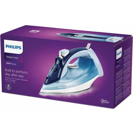 Fier de calcat cu abur Philips PowerLife Series 5000 DST5030/20, 2400 W, 180 g abur, rezervor de apa 320 ml, albastru
