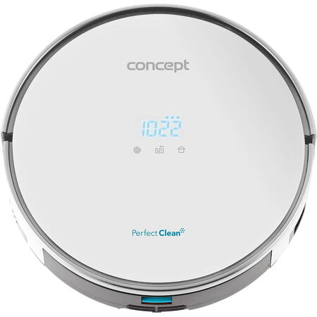 Robot de aspirare Concept VR2010, navigatie giroscopica, autonomie 150 min, capacitate colectare 600 ml, barerie Li-Ion 14.4 V, 2 trepte de filtare, incarcare automata, display LED, Alb