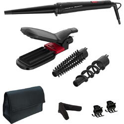 Aparat de coafat Rowenta x Karl Lagerfeld Infinite Looks CF422LF0, 9 accesorii, invelis ceramic, placa 2 in 1 pentru creponat/indreptat, geanta pentru transport, manusa de protectie, 48 W, varf rece, negru/rosu