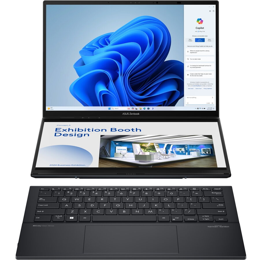 Laptop ASUS Zenbook DUO OLED UX8406MA-PZ075X, Intel Core Ultra 7 155H pana la 4.8GHz, 14 3K Touch, 16GB, SSD 1TB, Intel Arc Graphics, Windows 11 Pro, Inkwell Gray
