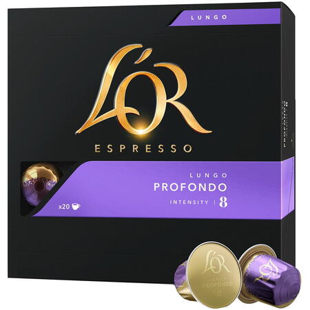 Capsule cafea, L'OR Espresso Lungo Profondo, intensitate 8, 20 bauturi x 110 ml, compatibile cu sistemul Nespresso®*, 20 capsule aluminiu
