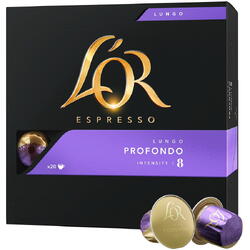 Capsule cafea, L'OR Espresso Lungo Profondo, intensitate 8, 20 bauturi x 110 ml, compatibile cu sistemul Nespresso®*, 20 capsule aluminiu