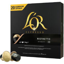 Capsule cafea, L'OR Espresso Ristretto, intensitate 11, 20 bauturi x 25 ml, compatibile cu sistemul Nespresso®*, 20 capsule aluminiu