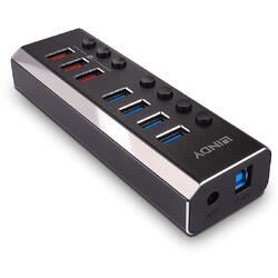 Hub USB LINDY 43371, 4 porturi USB 3.0 + 3 porturi USB Quick Charge 3.0