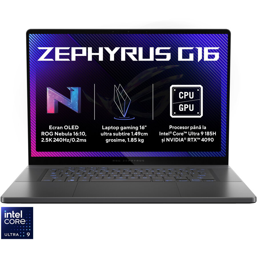 Laptop Gaming ASUS ROG Zephyrus G16 GU605MV cu procesor Intel® Core™ Ultra 9 185H pana la 5.1 GHz, 16, QHD+, OLED, 240Hz, 32GB DDR5, 1TB SSD, NVIDIA® GeForce RTX™ 4060 8GB GDDR6, Windows 11 Pro, Eclipse Gray