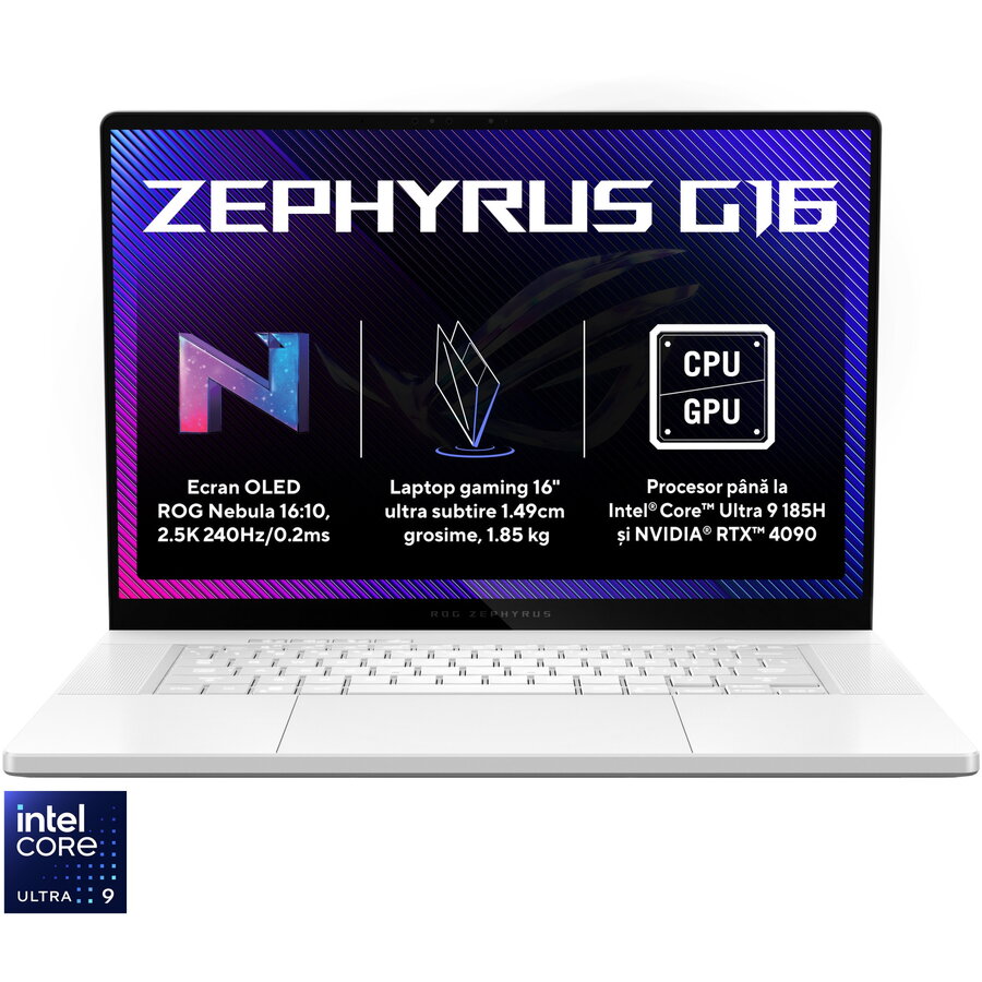 Laptop Gaming ASUS ROG Zephyrus G16 GU605MV cu procesor Intel® Core™ Ultra 9 185H pana la 5.1 GHz, 16, QHD+, OLED, 240Hz, 32GB DDR5, 1TB SSD, NVIDIA® GeForce RTX™ 4060 8GB GDDR6, Windows 11 Pro, Platinum White