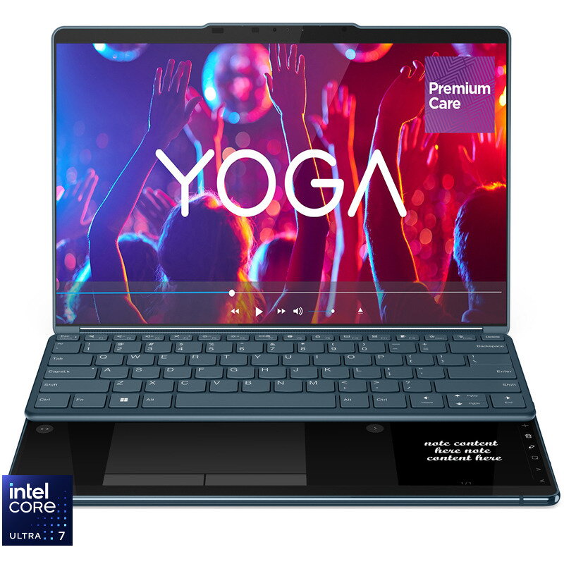 Laptop Lenovo Yoga Book 9 13IMU9 cu procesor Intel® Core™ Ultra 7 155U pana la 4.8GHz, 2 x 13.3, 2.8K, OLED, Touch, 32GB DDR5, 1TB SSD, Intel® Graphics, Windows 11 PRO, Tidal Teal, 3y on-site, Premium Care