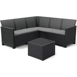 Set mobilier de gradina Keter Elodie cu canapea coltar 5 locuri si masa cu spatiu depozitare, aspect ratan, plastic, canapea: 182 x 182 x 79 cm, masa 77 x 57 x 42 cm, gri antracit, perne incluse
