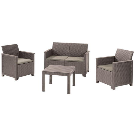 Set mobilier de terasa/gradina Keter Elodie cu canapea 2 locuri, 2 fotolii si masa, aspect ratan, plastic, canapea: 65 x 113 x74 cm, fotoliu: 65 x 63 x 74 cm, masa 59 x 59 x 43 cm, cappuccino, perne incluse