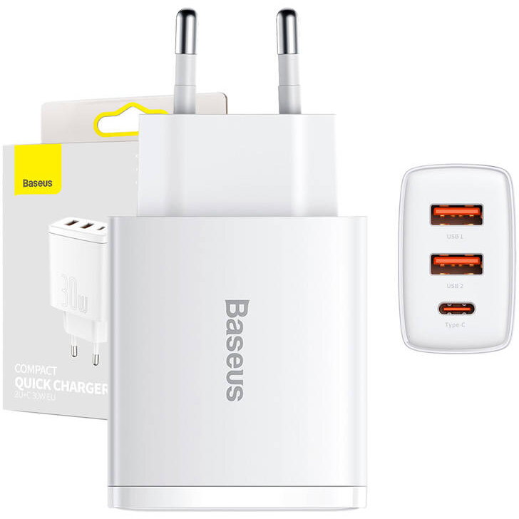 Ładowarka sieciowa Baseus Compact Quick Charger, 2xUSB, USB-C, PD, 3A, 30W (biała)