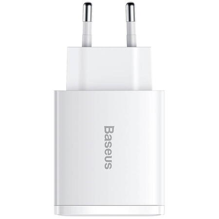Ładowarka sieciowa Baseus Compact Quick Charger, 2xUSB, USB-C, PD, 3A, 30W (biała)